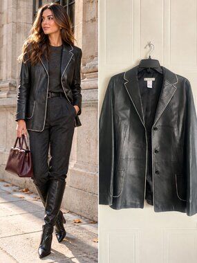 KS Selection Black Lamb Leather Blazer Contrast Piping Tailored 90s Preppy 10